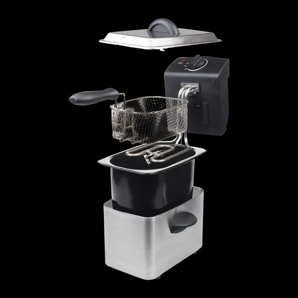 Friteuse TriStar FR-6919 800W 2L, détail: vue éclatée avec couvercle, panier, cuve antiadhésive et socle inox