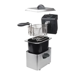 Friteuse TriStar FR-6919 800W 2L, détail: vue éclatée avec couvercle, panier, cuve antiadhésive et socle inox