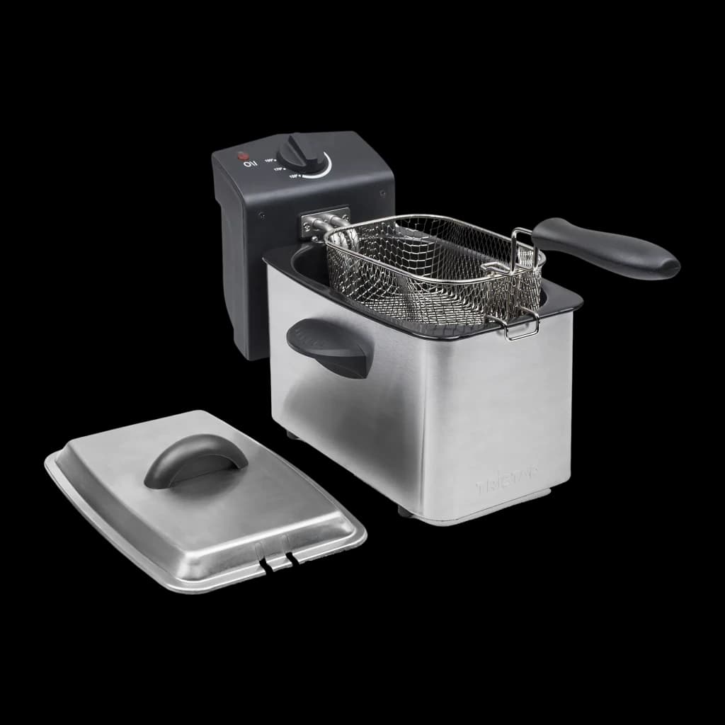 Friteuse TriStar FR-6919 800W 2L, détail: corps inox ouvert avec panier métallique sorti et couvercle séparé