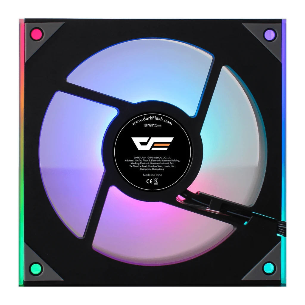 Ventilateur PC Darkflash DM8 ARGB 120mm Noir, vue arrière: moyeu moteur avec logo et étiquette, pales translucides éclairage