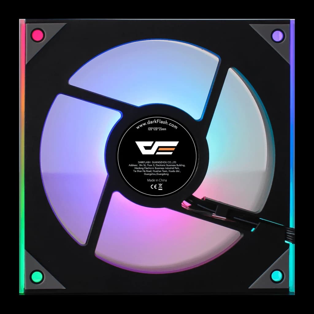 Ventilateur PC Darkflash DM8 ARGB 120mm Noir, vue arrière: moyeu moteur avec logo et étiquette, pales translucides éclairage