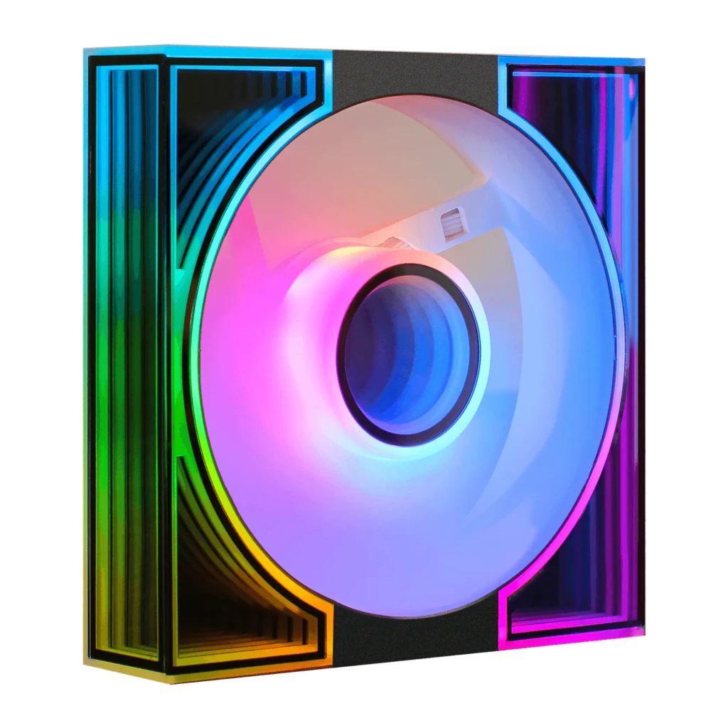Ventilateur PC Darkflash DM8 ARGB 120mm Noir, détail: éclairage ARGB multicolore sur le cadre et la pale en vue angulaire