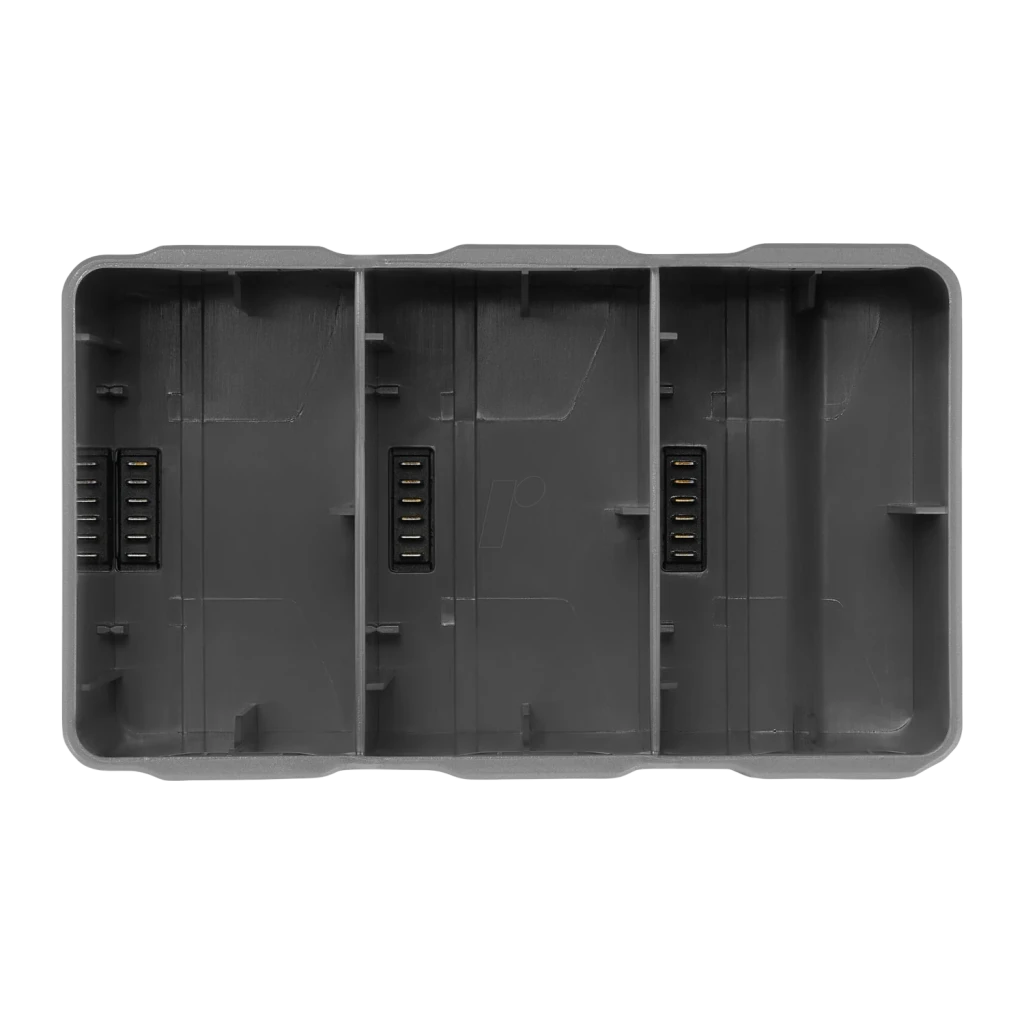 DJI Mini 5 Pro Two-Way Charging Hub Gris 3 baterías simultáneas USB-C entrada, detalle: interior con 3 ranuras y conectores