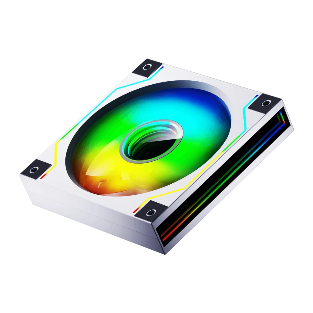 Ventilateur PC Darkflash DM20 ARGB 120mm 2,45W Blanc, détail: vue isométrique avec éclairage ARGB multicolore sur pale