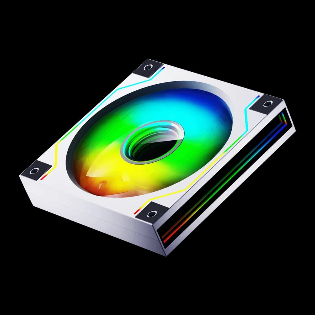 Ventilateur PC Darkflash DM20 ARGB 120mm 2,45W Blanc, détail: vue isométrique avec éclairage ARGB multicolore sur pale