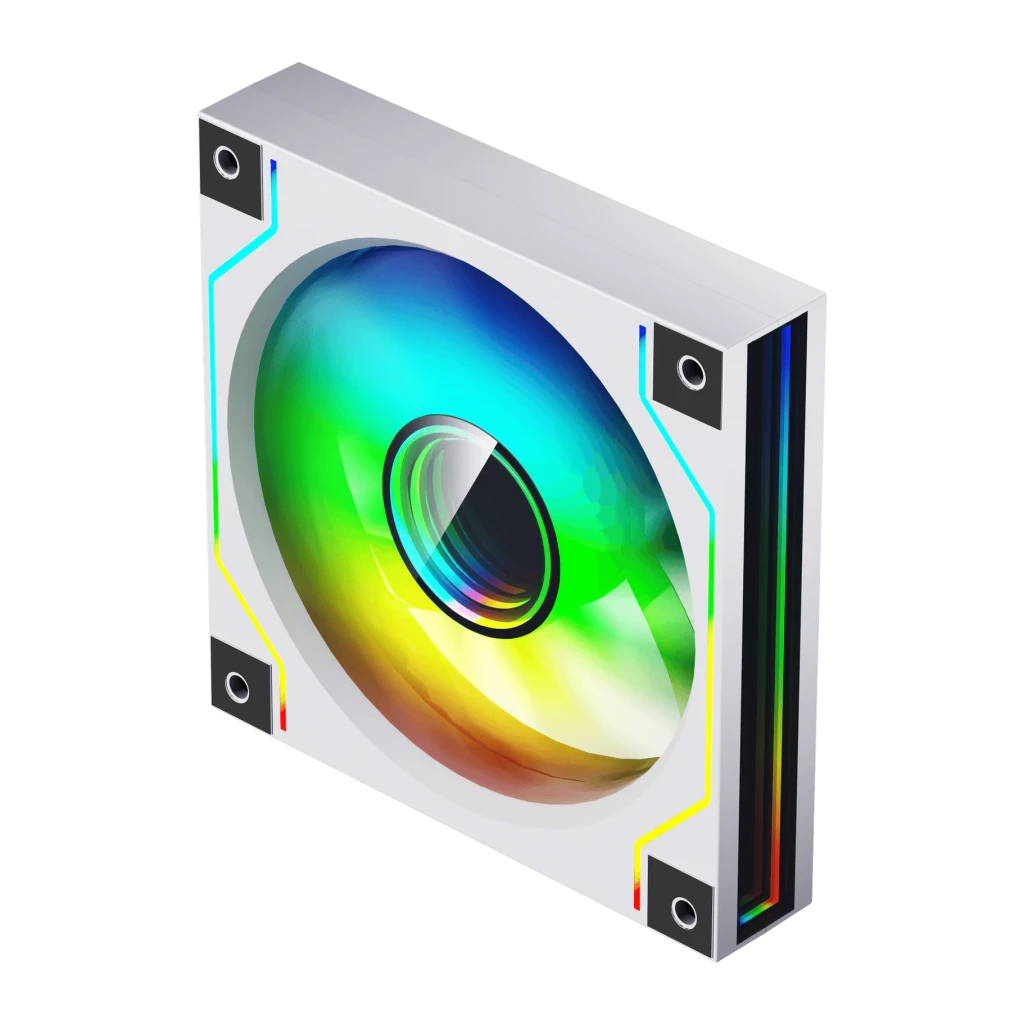 Ventilateur PC Darkflash DM20 ARGB 120mm 2,45W Blanc, détail: vue isométrique avec éclairage ARGB multicolore sur pale