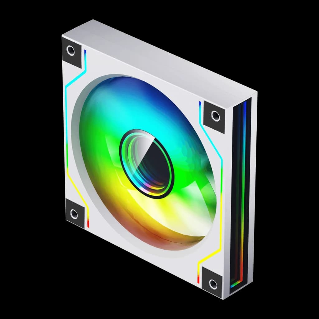 Ventilateur PC Darkflash DM20 ARGB 120mm 2,45W Blanc, détail: vue isométrique avec éclairage ARGB multicolore sur pale