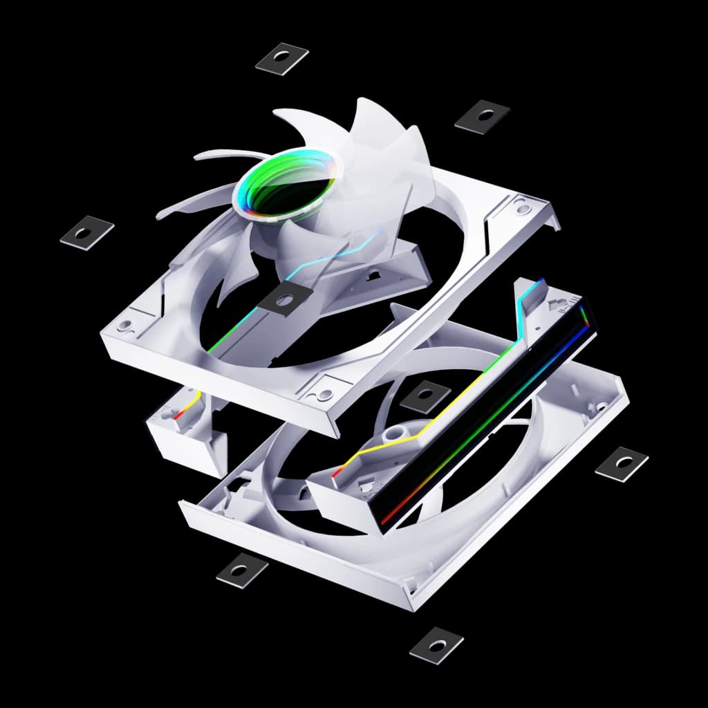 Ventilateur PC Darkflash DM20 ARGB 120mm 2,45W Blanc, détail: vue éclatée avec pale, cadre et vis séparés révélant
