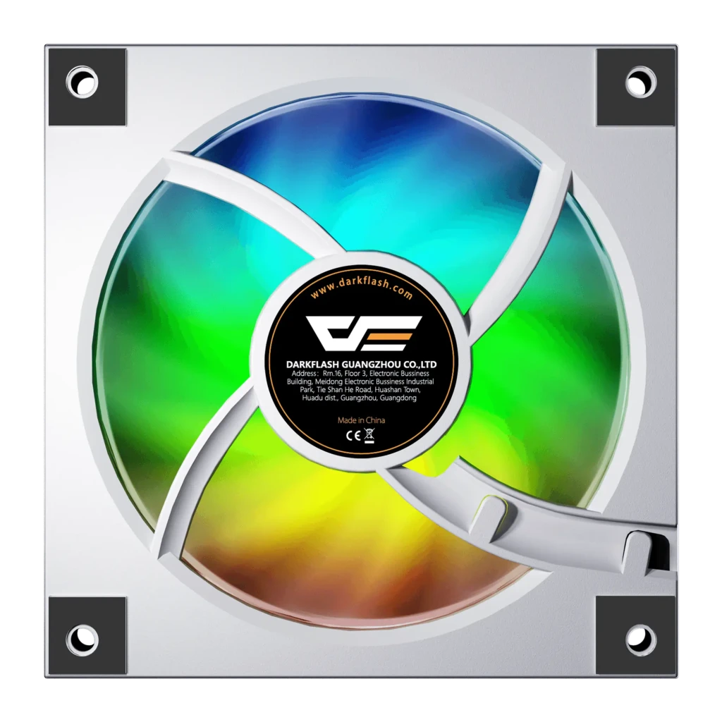 Ventilateur PC Darkflash DM20 ARGB 120mm 2,45W Blanc, vue arrière: étiquette centrale Darkflash et pales ARGB multicolores