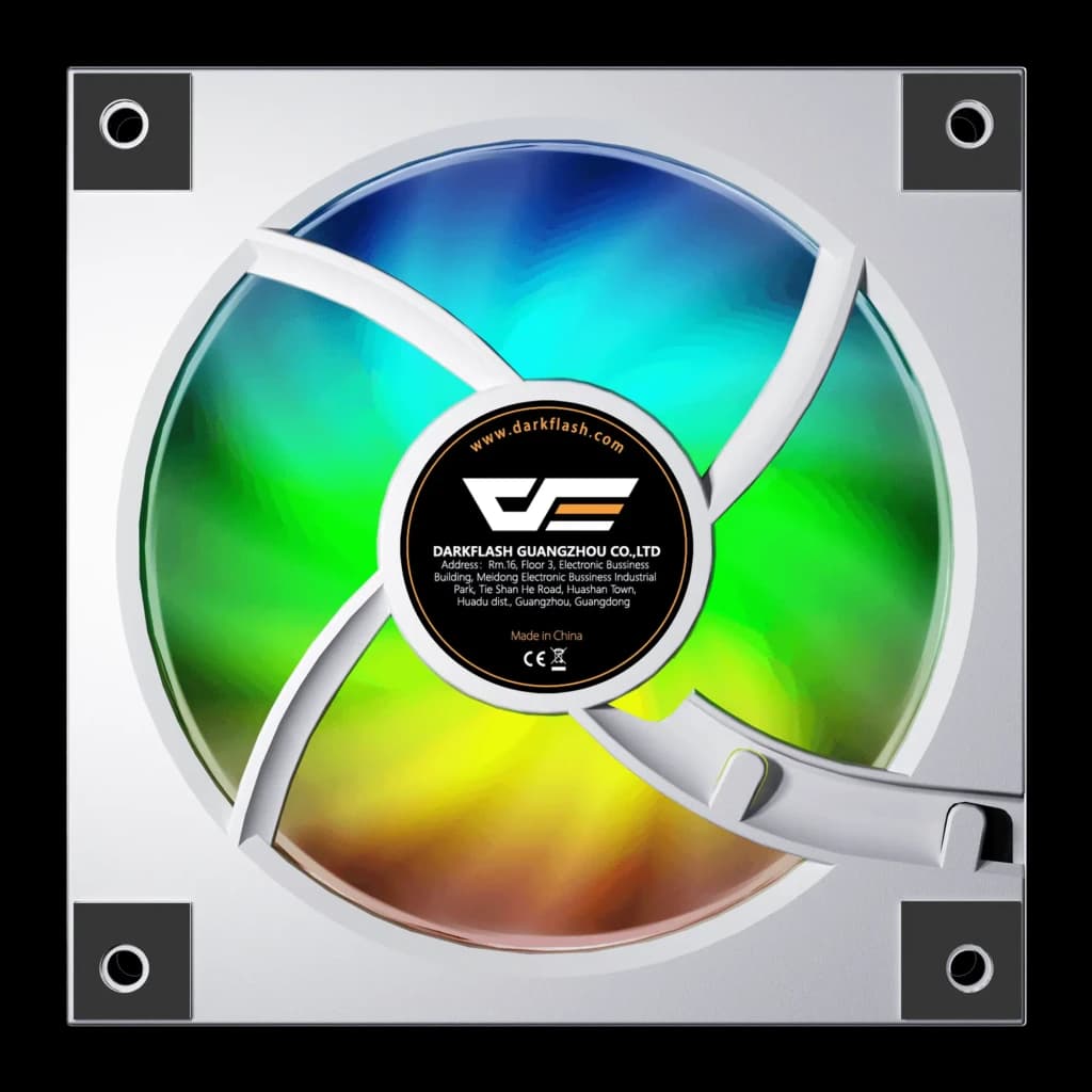 Ventilateur PC Darkflash DM20 ARGB 120mm 2,45W Blanc, vue arrière: étiquette centrale Darkflash et pales ARGB multicolores