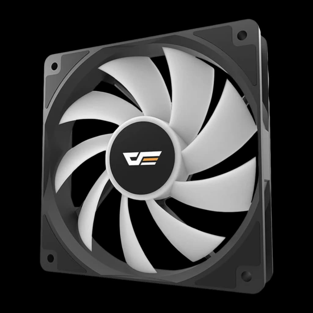 Ventilateur PC Darkflash CL12 LED 52,46 CFM 25,52 dBA 120mm Noir, détail: pales en spirale et logo Darkflash sur le moyeu