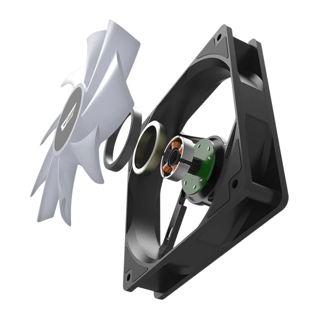 Ventilateur PC Darkflash CL12 LED 52,46 CFM 25,52 dBA 120mm Noir, détail: vue éclatée avec pale, moteur et cadre séparés