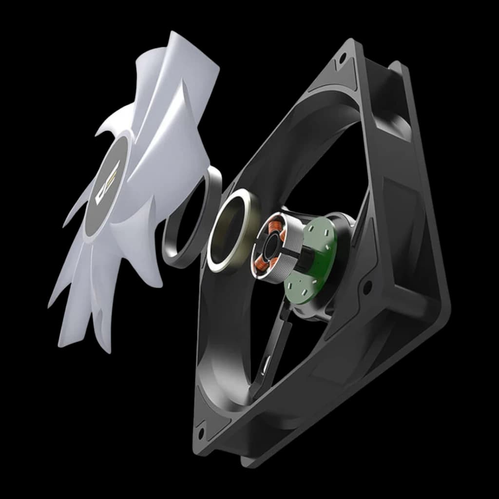 Ventilateur PC Darkflash CL12 LED 52,46 CFM 25,52 dBA 120mm Noir, détail: vue éclatée avec pale, moteur et cadre séparés