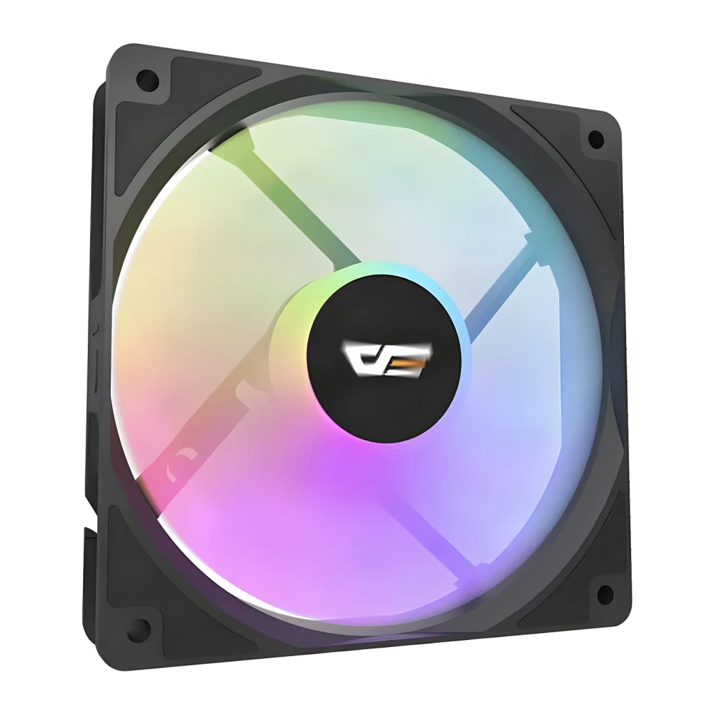 Ventilateur PC Darkflash CL12 LED 52,46 CFM 25,52 dBA 120mm Noir, détail: éclairage ARGB multicolore sur pale translucide