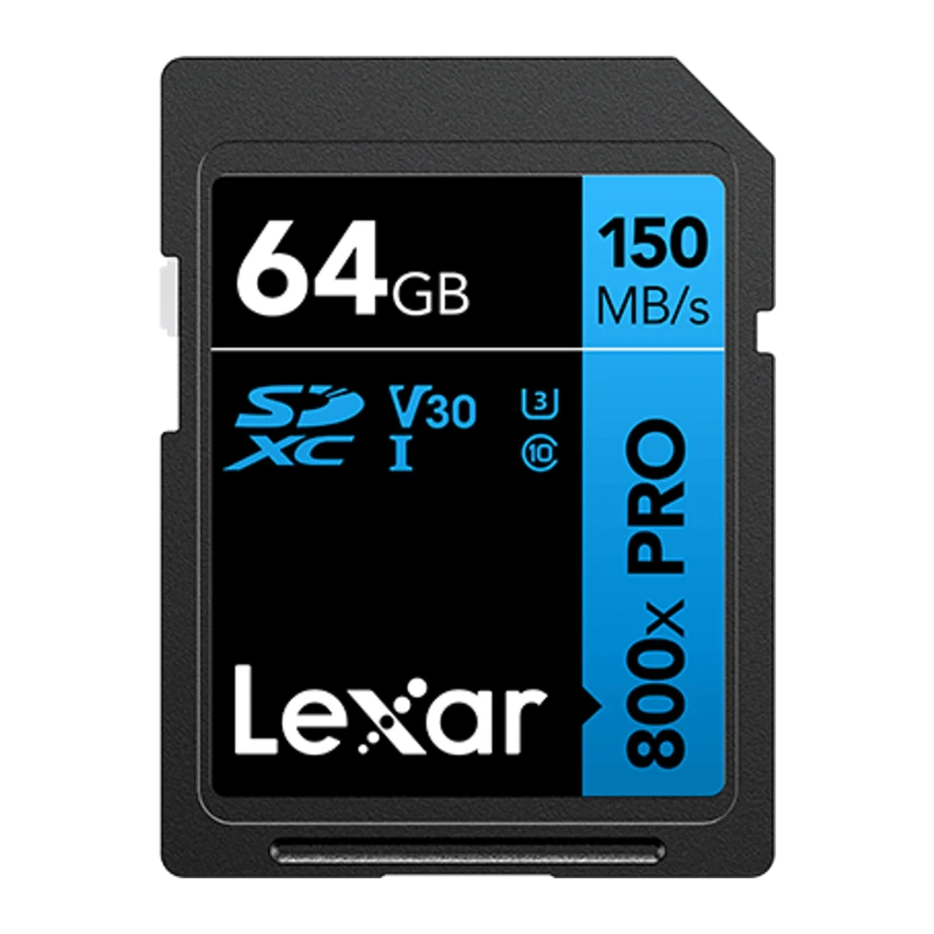 Tarjeta de memoria Lexar Professional 800x Pro SDXC 64GB U3 V30 UHS-I Negro, vista frontal: cara negra con franja azul