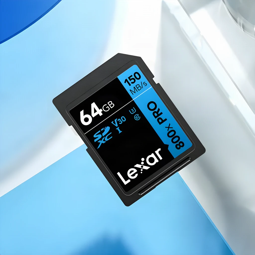 Tarjeta de memoria Lexar Professional 800x Pro SDXC 64GB U3 V30 UHS-I Negro, en uso: vista frontal en ángulo sobre fondo
