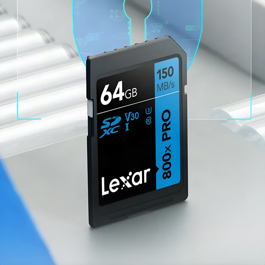 Tarjeta de memoria Lexar Professional 800x Pro SDXC 64GB U3 V30 UHS-I Negro, en uso: vista frontal en ángulo con etiqueta