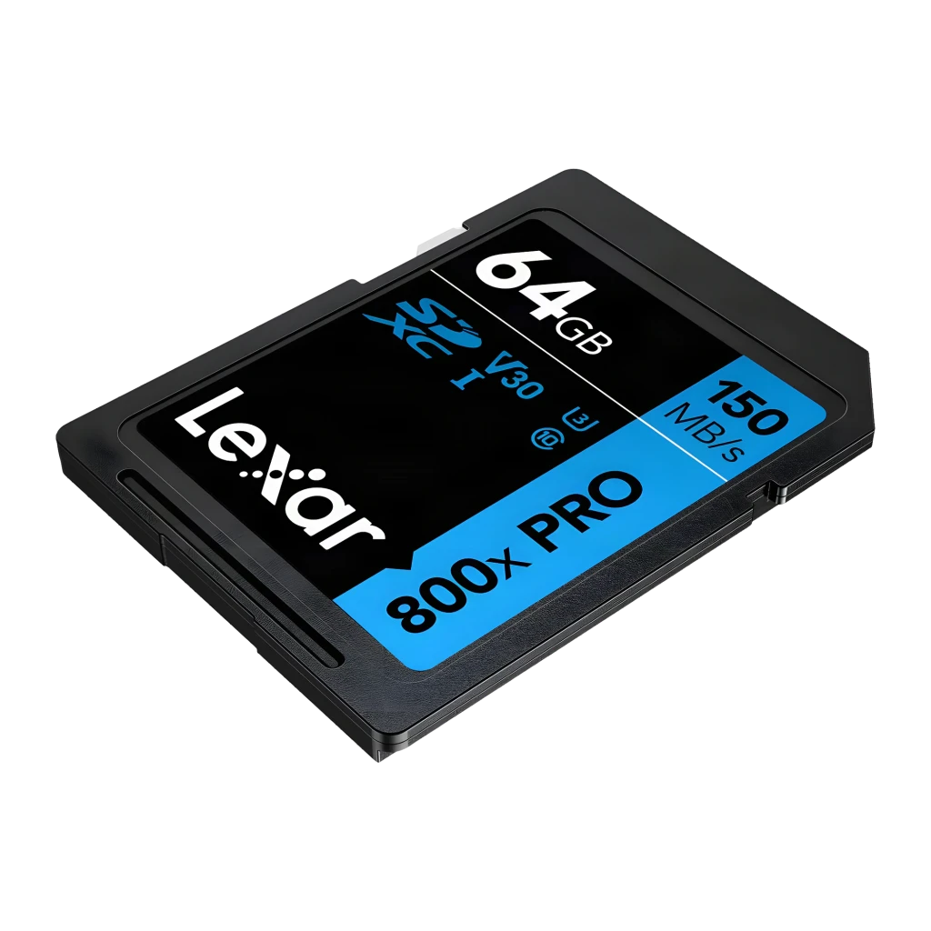 Tarjeta de memoria Lexar Professional 800x Pro SDXC 64GB U3 V30 UHS-I Negro, detalle: vista en perspectiva con etiqueta