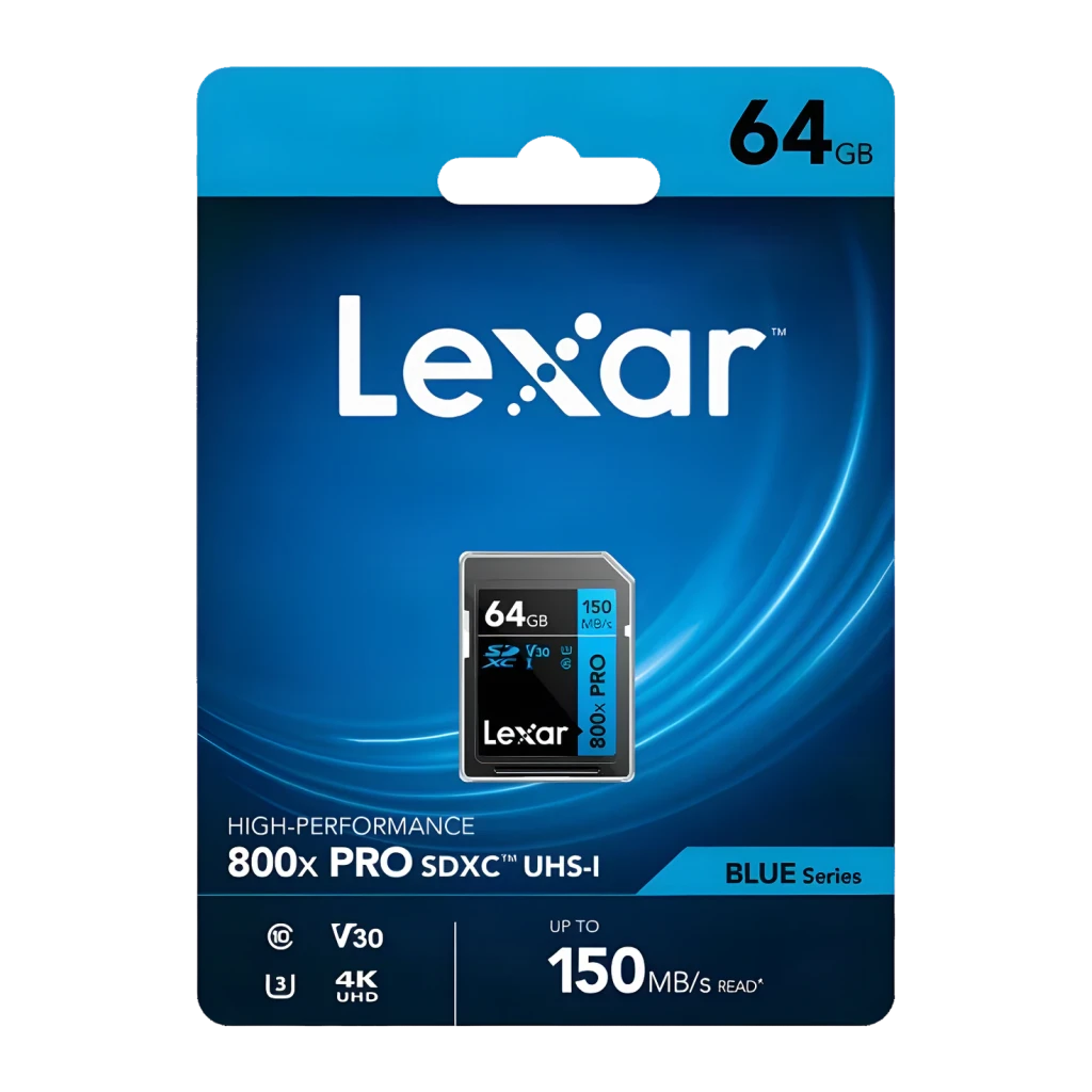 Tarjeta de memoria Lexar Professional 800x Pro SDXC 64GB U3 V30 UHS-I Negro, contenido de la caja: packaging azul frontal