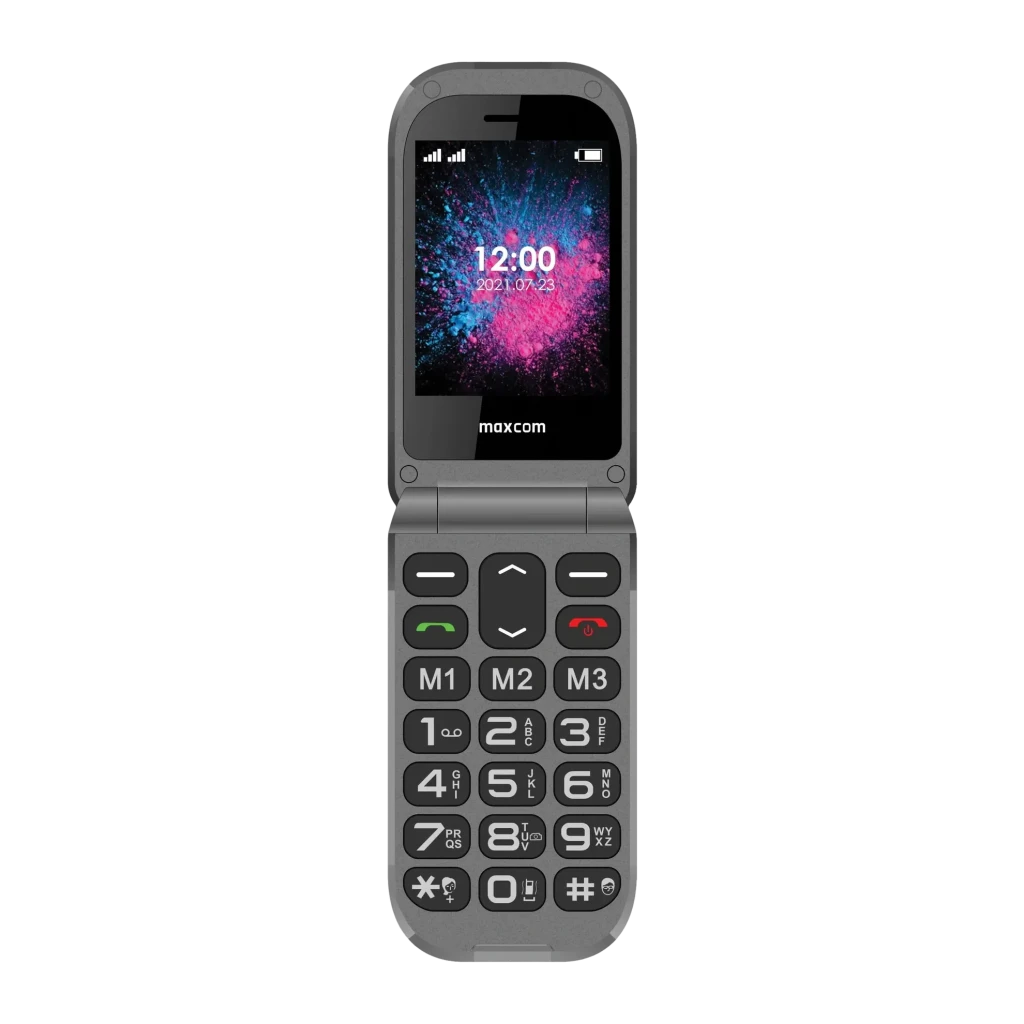 MaxCom MM827L 4G Negro 2.8 pulgadas 1400mAh microSD, detalle: teclado grande y pantalla encendida con reloj en formato