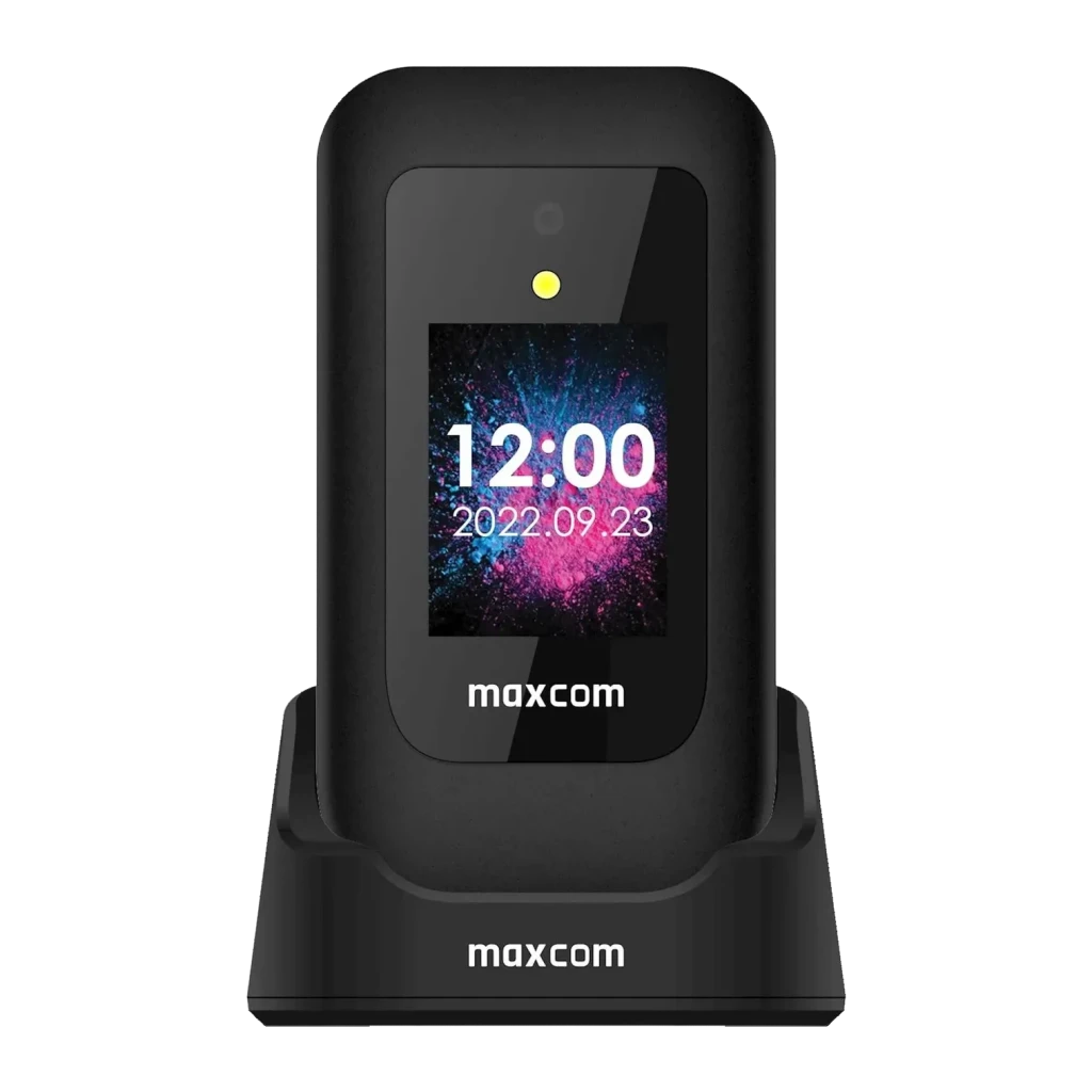 MaxCom MM827L 4G Negro 2.8 pulgadas 1400mAh microSD, detalle: tapa abierta en base de carga con pantalla encendida mostrando