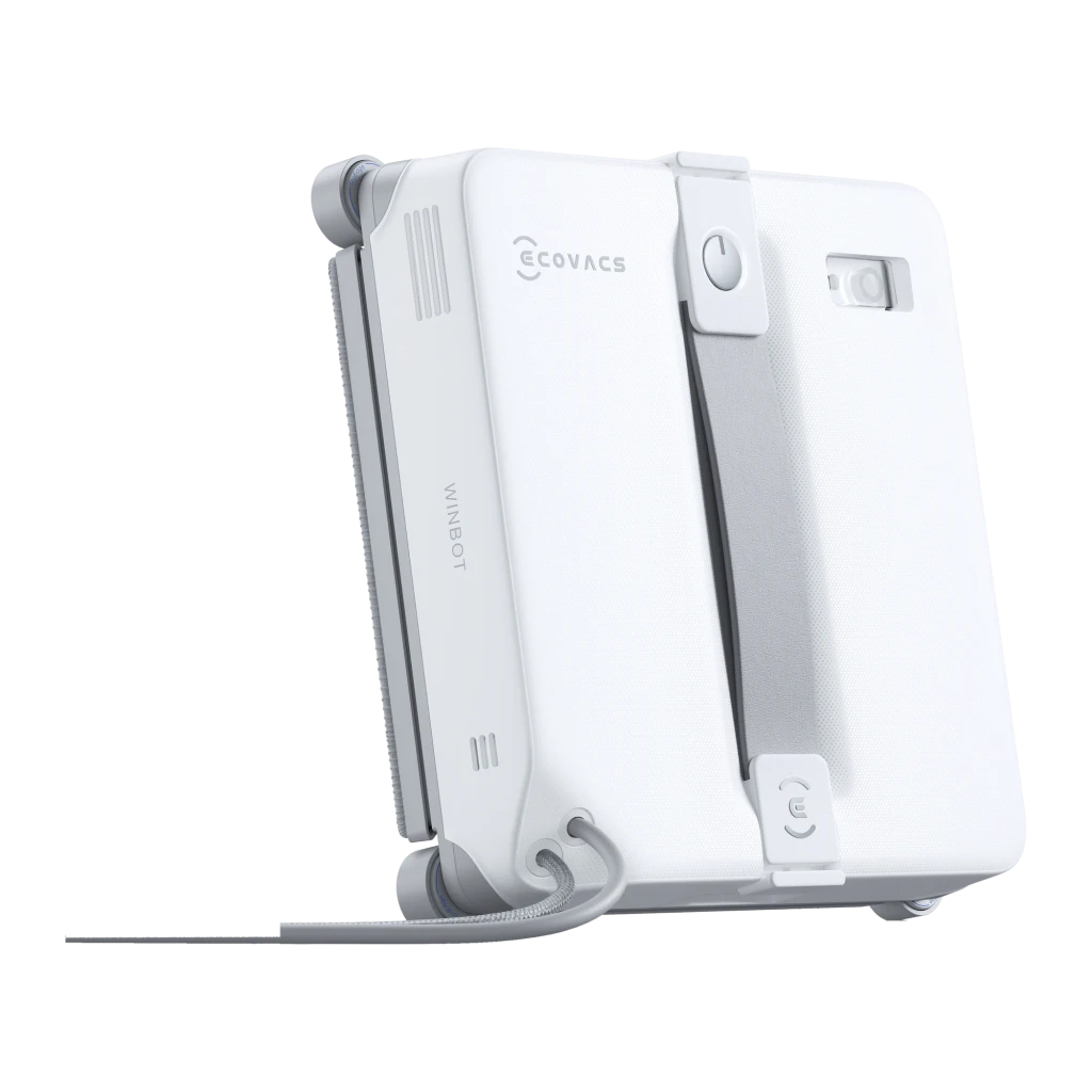 Robot limpiacristales Ecovacs Winbot Mini 2 Gris Depósito 230ml 7500Pa, detalle: vista lateral con logo, botón de encendido