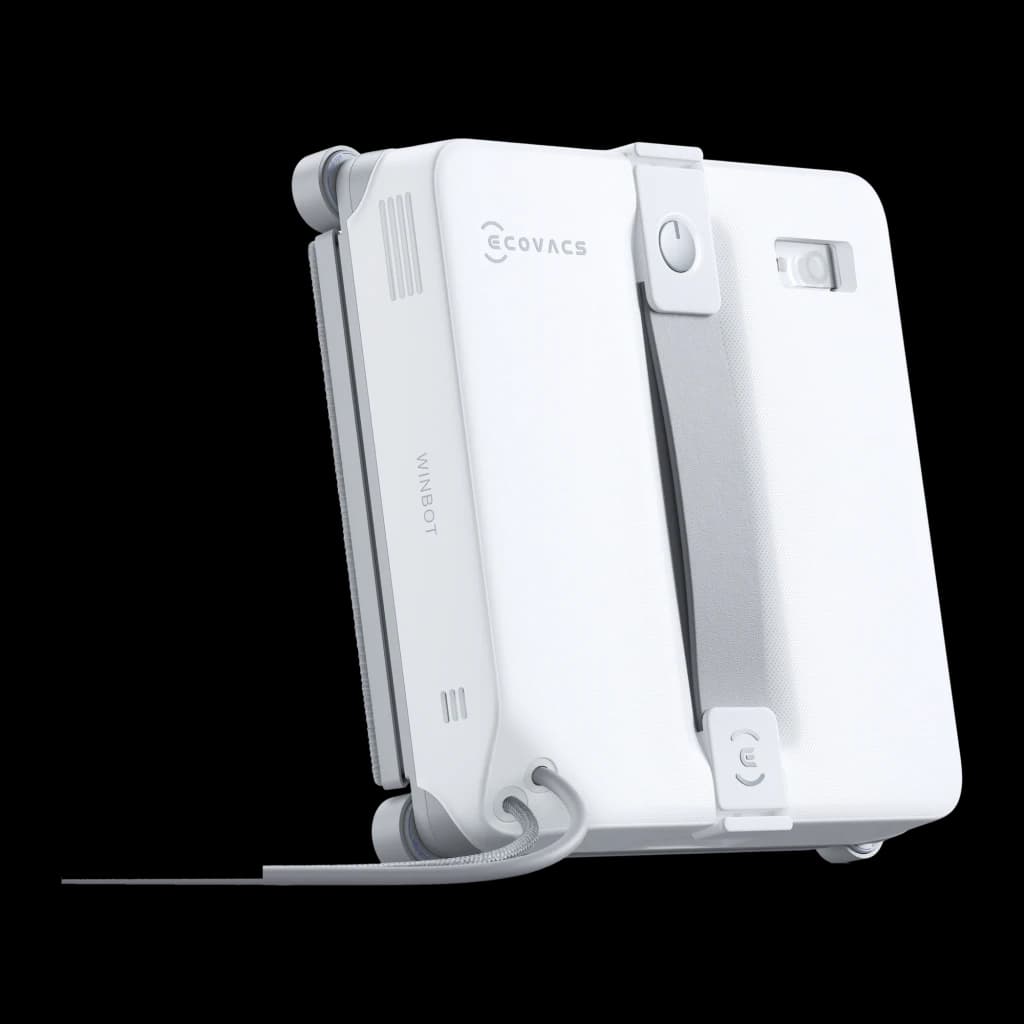 Robot limpiacristales Ecovacs Winbot Mini 2 Gris Depósito 230ml 7500Pa, detalle: vista lateral con logo, botón de encendido