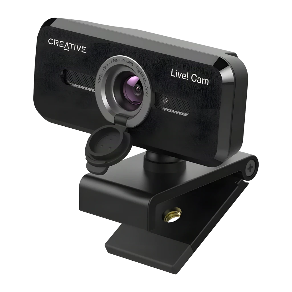 Webcam Creative Labs Live! Cam Sync 1080p V2 Full HD 1080p Preto, vista frontal: lente com tampa removível, microfone duplo