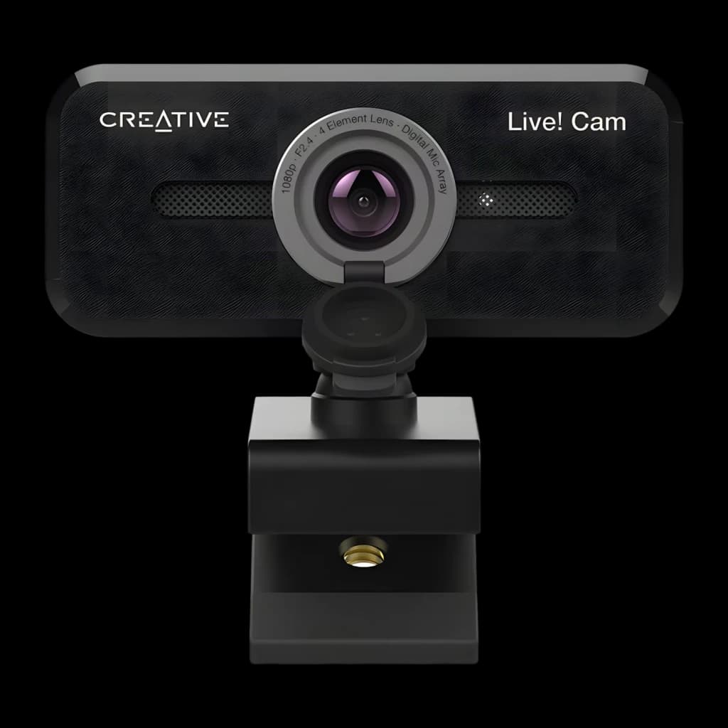 Webcam Creative Labs Live! Cam Sync 1080p V2 Full HD 1080p Preto, detalhe frontal: lente F2.4 de 4 elementos, microfone