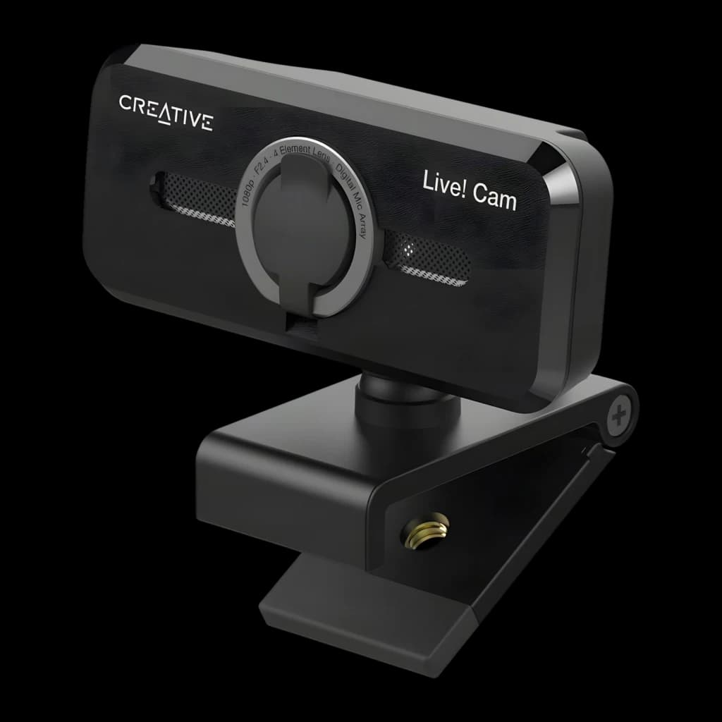 Webcam Creative Labs Live! Cam Sync 1080p V2 Full HD 1080p Preto, detalhe: lente central, microfones array laterais e clipe