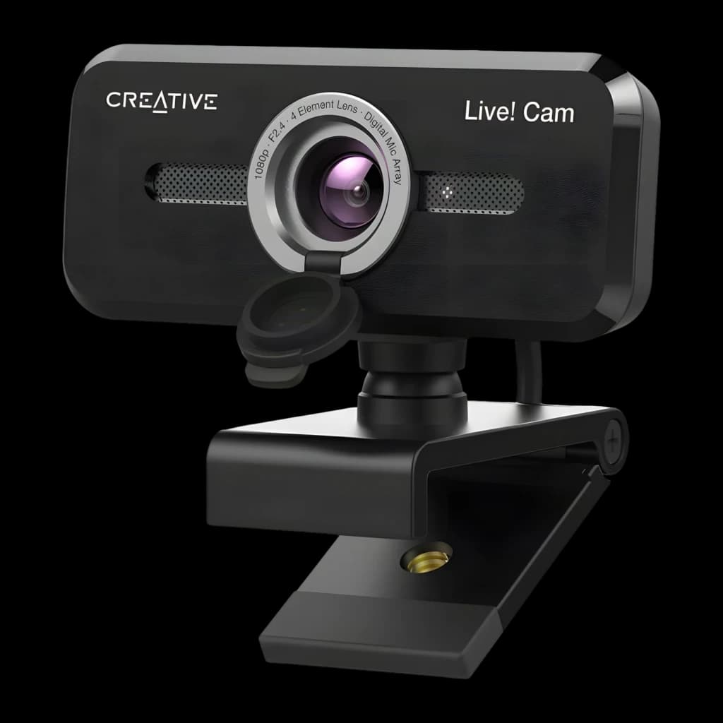 Webcam Creative Labs Live! Cam Sync 1080p V2 Full HD 1080p Preto, detalhe: lente F2.4 de 4 elementos, grelhas de microfone