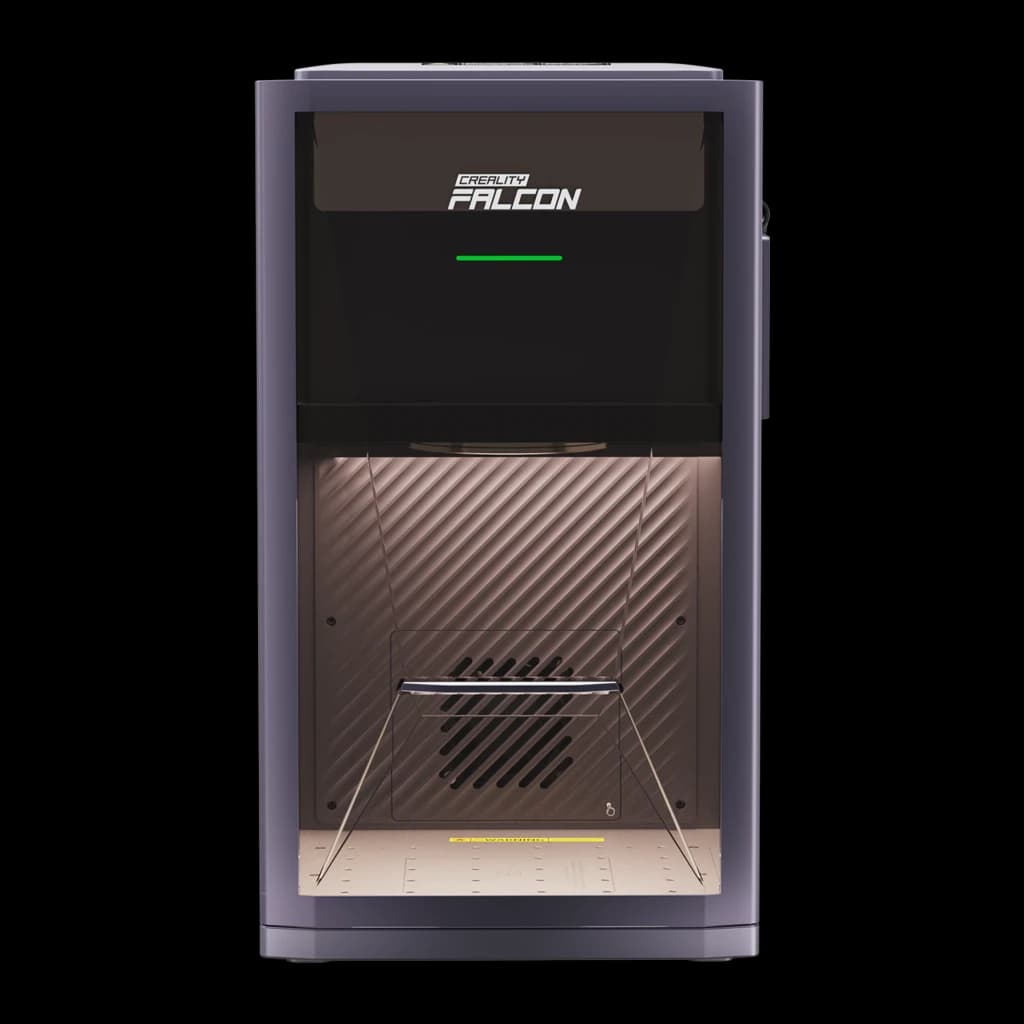 Boîtier de gravure Creality Falcon T1 20W, châssis vertical gris, fenêtre avant transparente, intérieur métallique strié avec ventilation centrale et