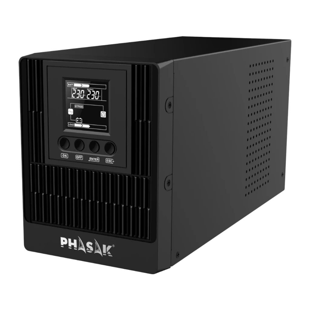 UPS Phasak Smart Pro Online PH 9210 1000VA 1000W, vista frontal: carcaça preta com ecrã LCD, botões ON/OFF/ENTER e grelhas