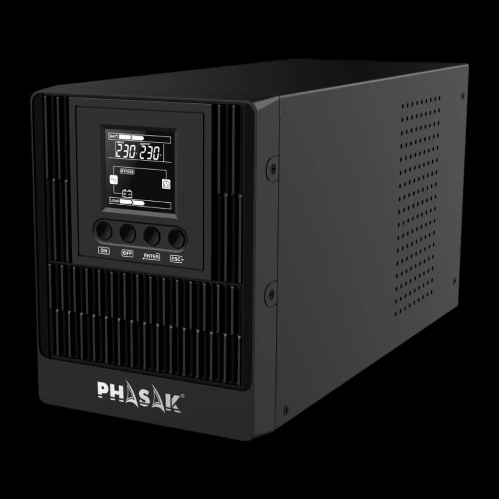 UPS Phasak Smart Pro Online PH 9210 1000VA 1000W, vista frontal: carcaça preta com ecrã LCD, botões ON/OFF/ENTER e grelhas