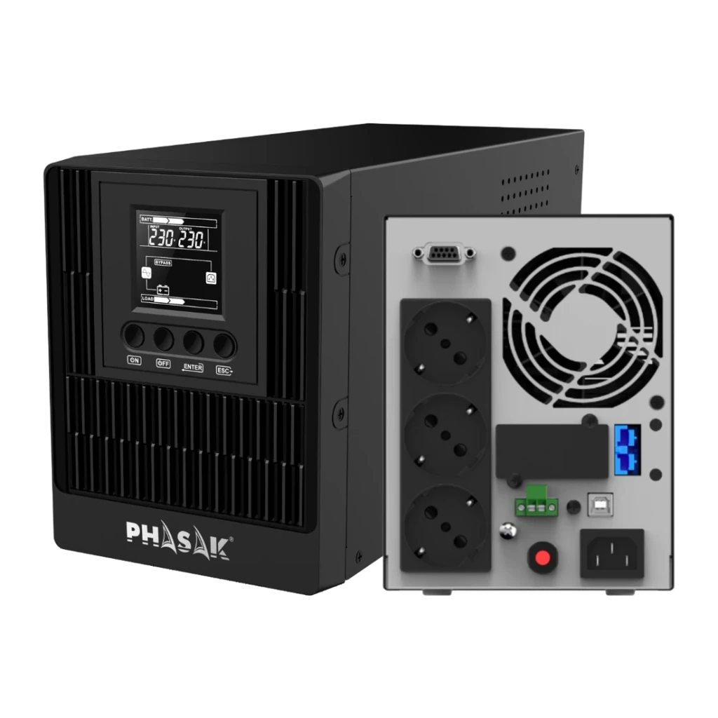 UPS Phasak Smart Pro Online PH 9210 1000VA 1000W, detalhe: painel frontal com LCD e botões e painel traseiro com tomadas