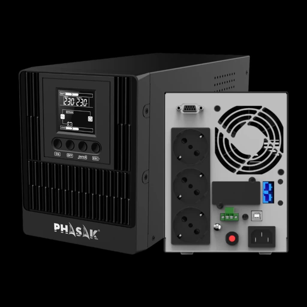 UPS Phasak Smart Pro Online PH 9210 1000VA 1000W, detalhe: painel frontal com LCD e botões e painel traseiro com tomadas