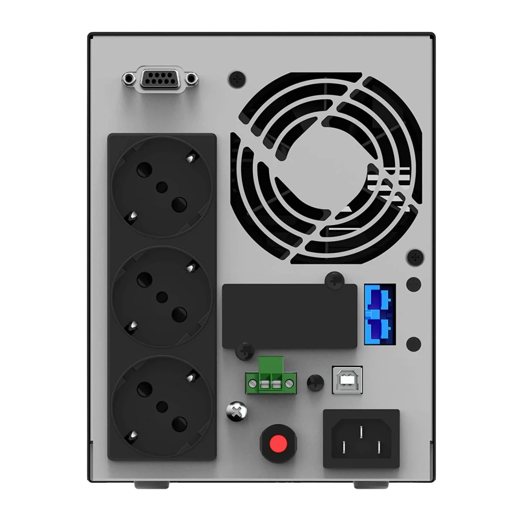 UPS Phasak Smart Pro Online PH 9210 1000VA 1000W, vista traseira: 3 tomadas Schuko, ventoinha, porta USB-B, DB9 e entrada IEC