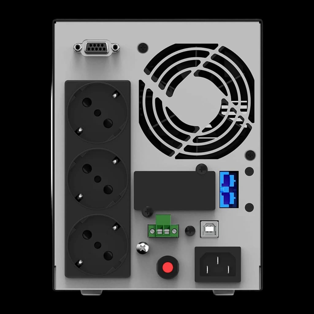 UPS Phasak Smart Pro Online PH 9210 1000VA 1000W, vista traseira: 3 tomadas Schuko, ventoinha, porta USB-B, DB9 e entrada IEC