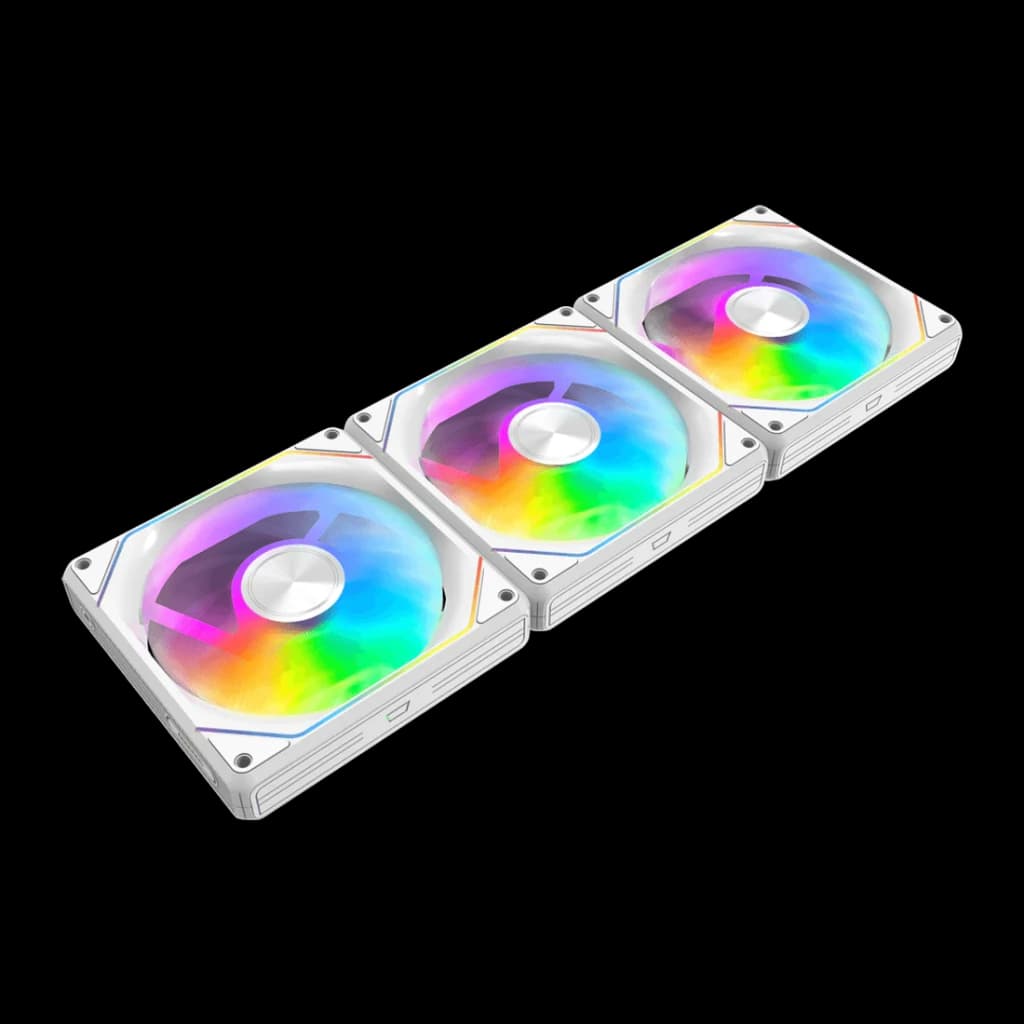Kit de ventilateurs Darkflash Gauss G24 3 en 1 120 mm ARGB Blanc, vue de face: trois ventilateurs blancs alignés