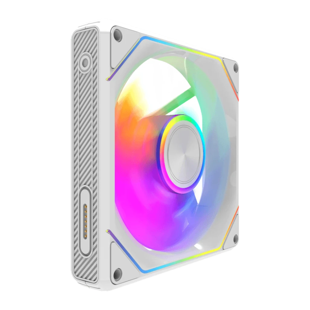 Kit de ventilateurs Darkflash Gauss G24 3 en 1 120 mm ARGB Blanc, détail: vue latérale avec éclairage ARGB multicolore
