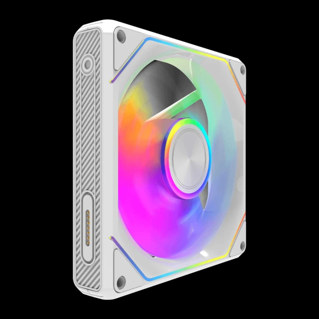 Kit de ventilateurs Darkflash Gauss G24 3 en 1 120 mm ARGB Blanc, détail: vue latérale avec éclairage ARGB multicolore