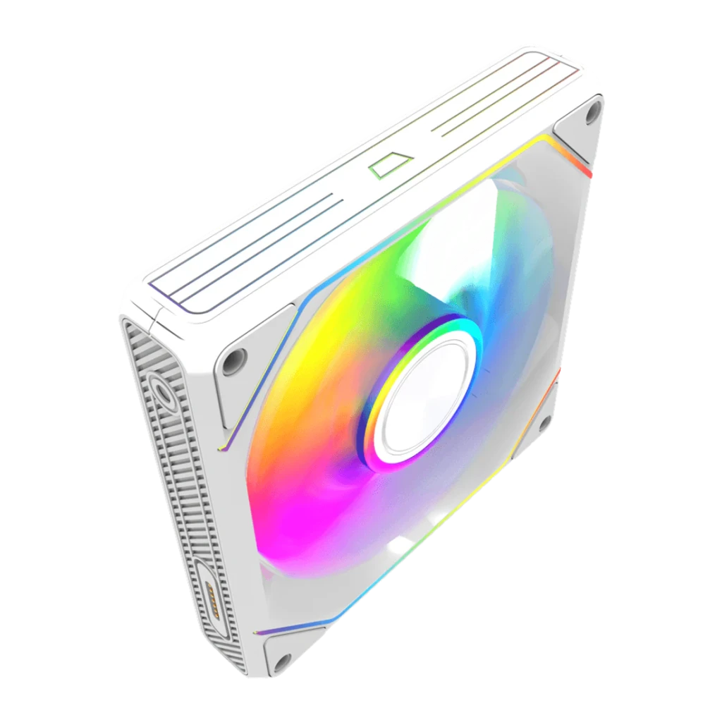 Kit de ventilateurs Darkflash Gauss G24 3 en 1 120 mm ARGB Blanc, détail: vue en angle avec éclairage ARGB multicolore