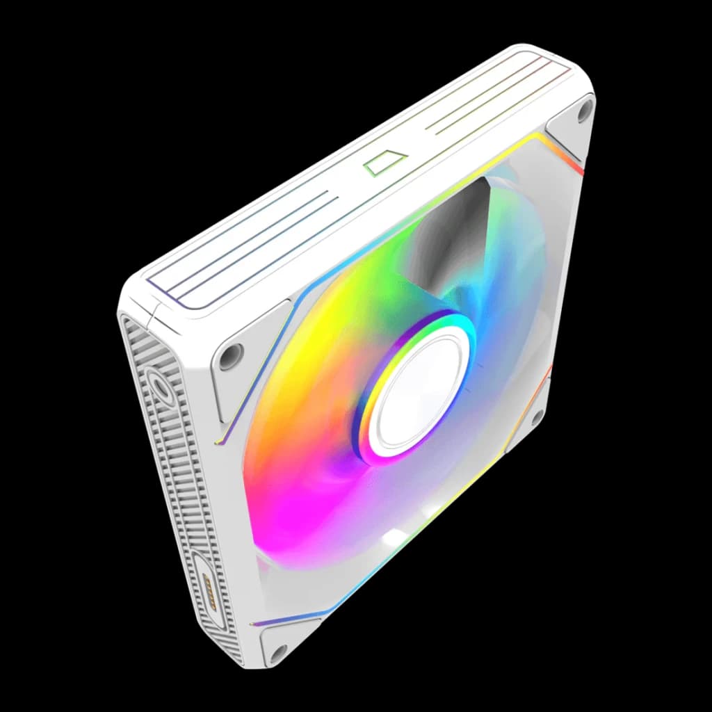 Kit de ventilateurs Darkflash Gauss G24 3 en 1 120 mm ARGB Blanc, détail: vue en angle avec éclairage ARGB multicolore