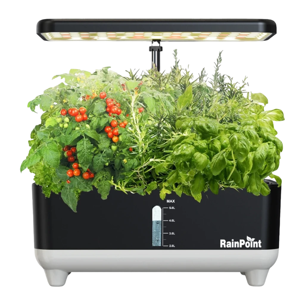 Kit de Cultivo Hidropónico RainPoint Z238 5L depósito Negro, detalle: lámpara LED encendida, tomates y hierbas creciendo