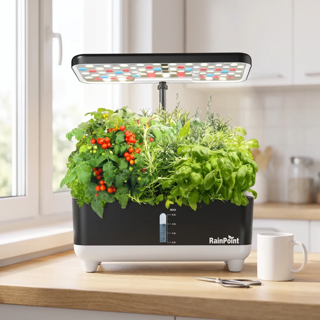 Kit de Cultivo Hidropónico RainPoint Z238 5L depósito Negro, en uso: sobre encimera de cocina con tomates, albahaca