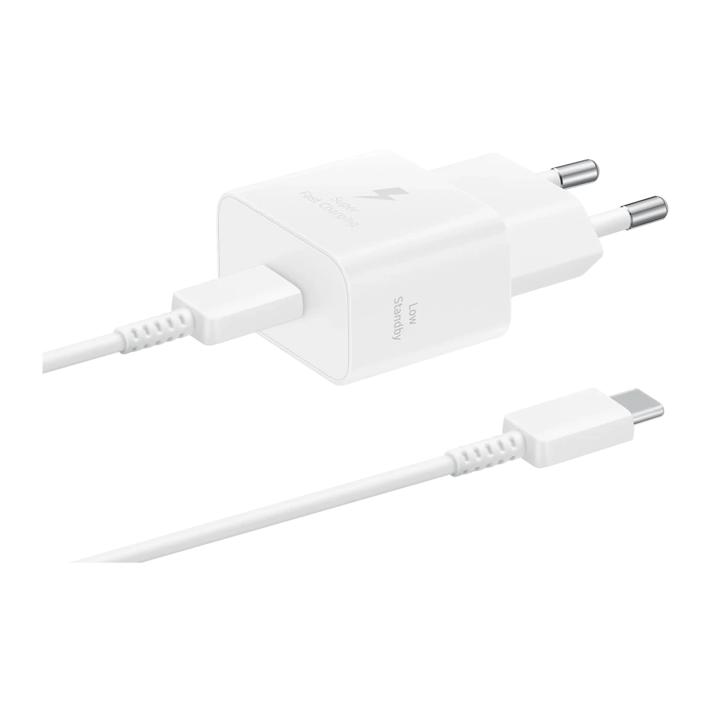 Chargeur Samsung Blanc 25W USB-C EP-T2510XWEG, vue de face: adaptateur prise EU avec câble USB-C inclus