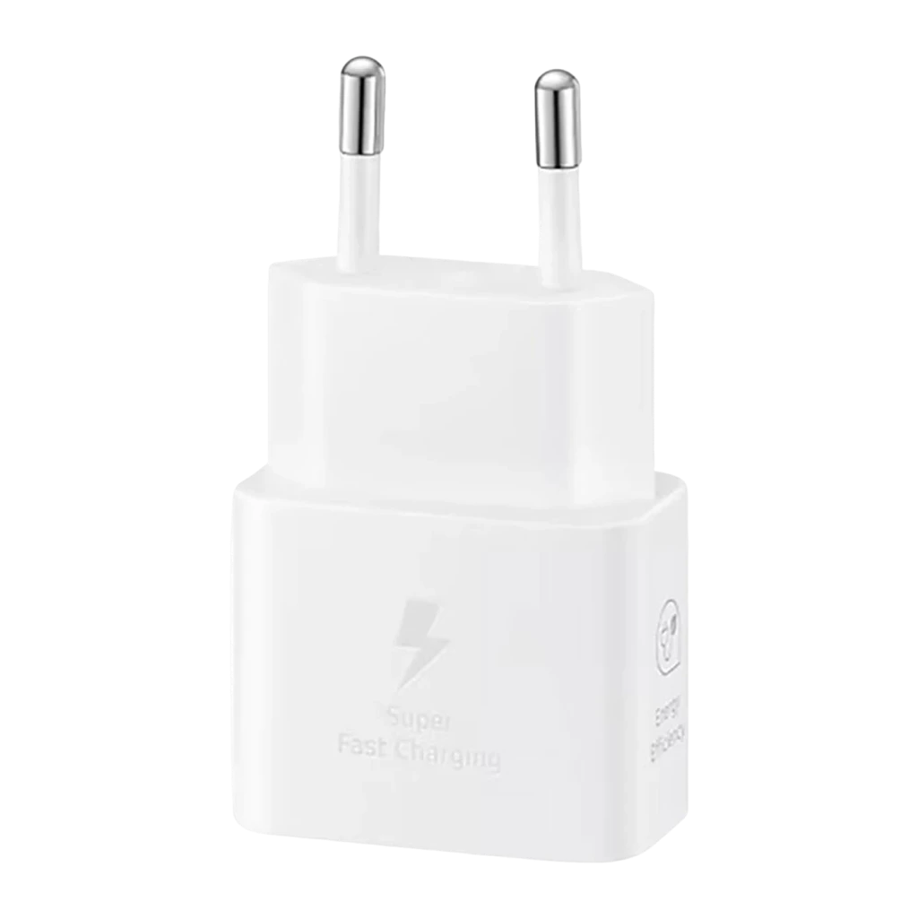 Chargeur Samsung Blanc 25W USB-C EP-T2510XWEG, détail: face avant avec icône éclair et texte Super Fast Charging, broches EU