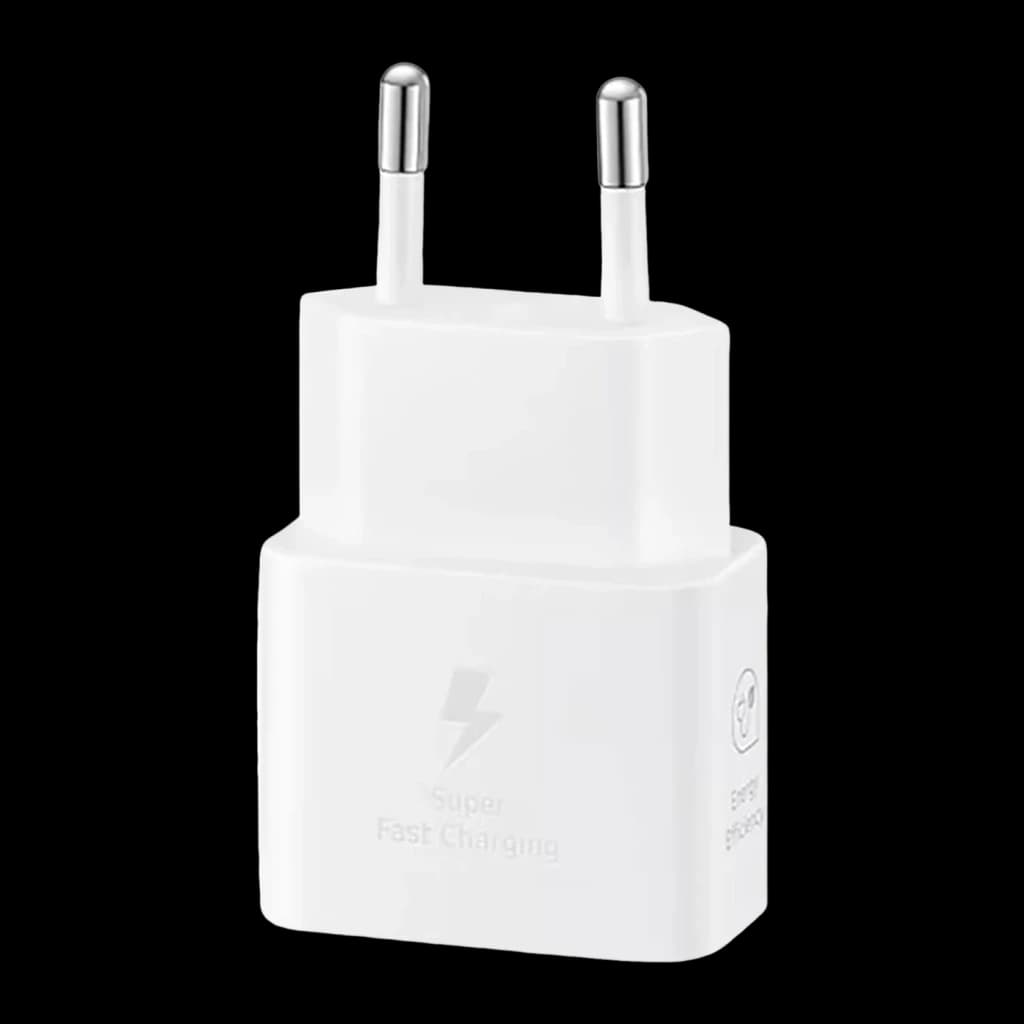 Chargeur Samsung Blanc 25W USB-C EP-T2510XWEG, détail: face avant avec icône éclair et texte Super Fast Charging, broches EU