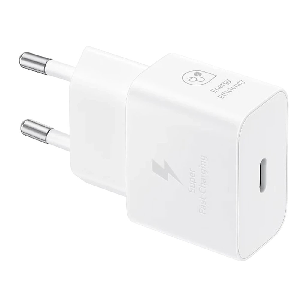 Chargeur Samsung Blanc 25W USB-C EP-T2510XWEG, détail: port USB-C, texte Super Fast Charging et label Energy Efficiency