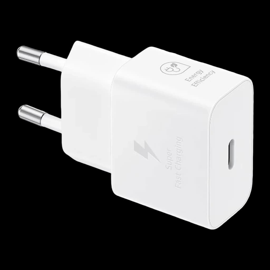 Chargeur Samsung Blanc 25W USB-C EP-T2510XWEG, détail: port USB-C, texte Super Fast Charging et label Energy Efficiency